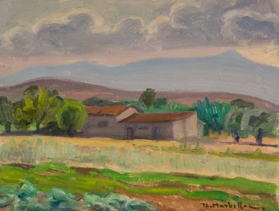 Landscape Outside Corinth — Oil painting, Fiberboard, 27.00×35.00cm — Theodoros Markellos